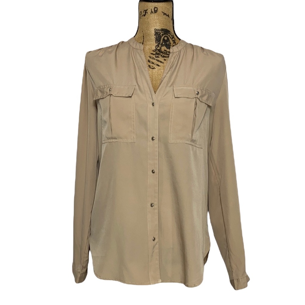 Taupe Silky V-Neck Silver-Button Blouse S